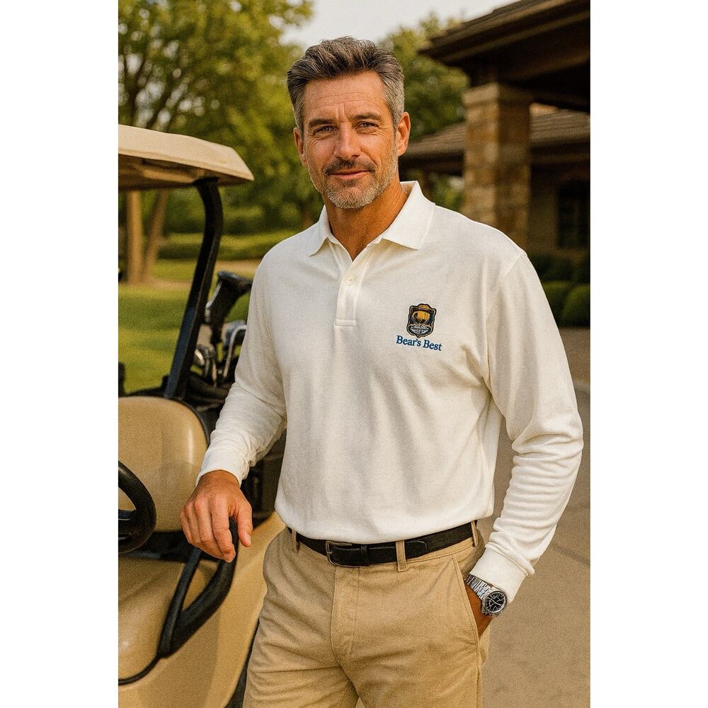 Nike Tiger Woods Golf Mens Long Sleeve Polo Ivory Sz L Bear’s Best Country Club